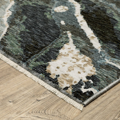 8' X 11' Blue Black And Beige Abstract Area Rug With Fringe