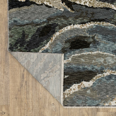8' X 11' Blue Black And Beige Abstract Area Rug With Fringe