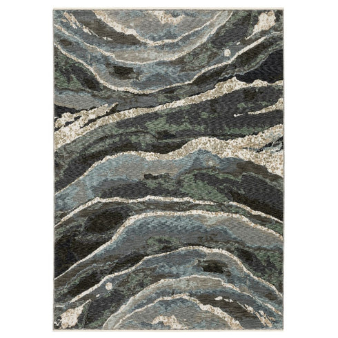 8' X 11' Blue Black And Beige Abstract Area Rug With Fringe