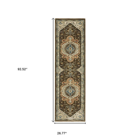 8' X 11' Brown And Orange Oriental Area Rug With Fringe