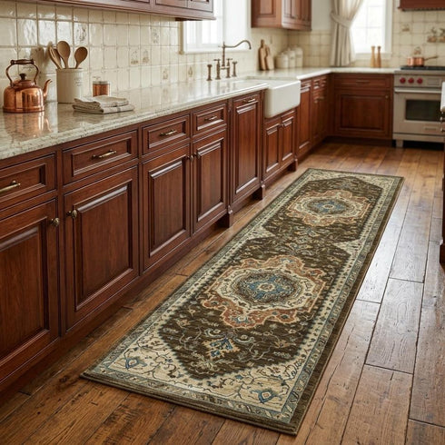 8' X 11' Brown And Orange Oriental Area Rug With Fringe