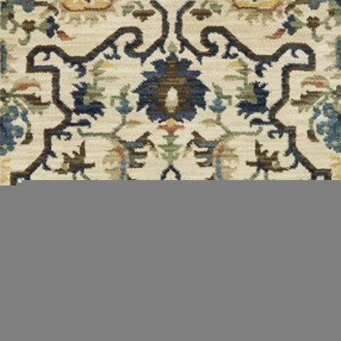 8' X 11' Ivory Blue And Orange Oriental Area Rug With Fringe