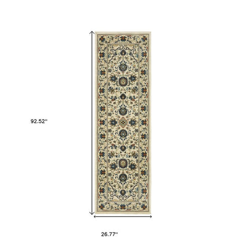 8' X 11' Ivory Blue And Orange Oriental Area Rug With Fringe