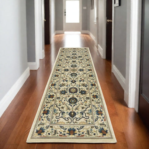 8' X 11' Ivory Blue And Orange Oriental Area Rug With Fringe