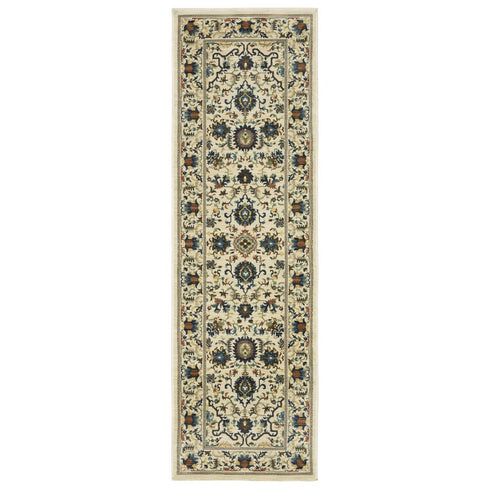 8' X 11' Ivory Blue And Orange Oriental Area Rug With Fringe
