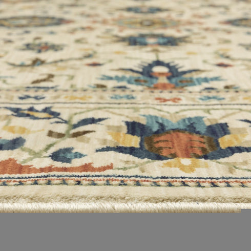 8' X 11' Ivory Blue And Orange Oriental Area Rug With Fringe