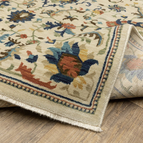 8' X 11' Ivory Blue And Orange Oriental Area Rug With Fringe