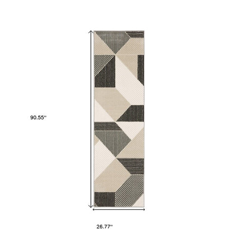 8' Ivory And Black Geometric Runner Rug