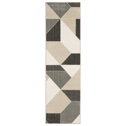 8' Ivory And Black Geometric Runner Rug