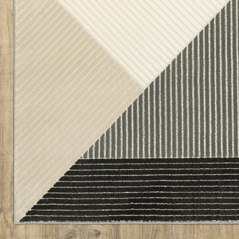 8' Ivory And Black Geometric Runner Rug