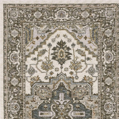 8' X 11' Ivory And Gold Medallion Distressed Area Rug With Fringe