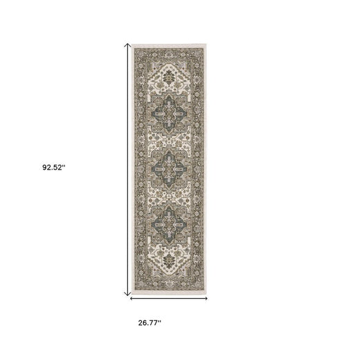 8' X 11' Ivory And Gold Medallion Distressed Area Rug With Fringe