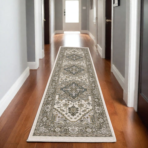8' X 11' Ivory And Gold Medallion Distressed Area Rug With Fringe