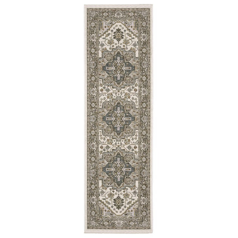 8' X 11' Ivory And Gold Medallion Distressed Area Rug With Fringe