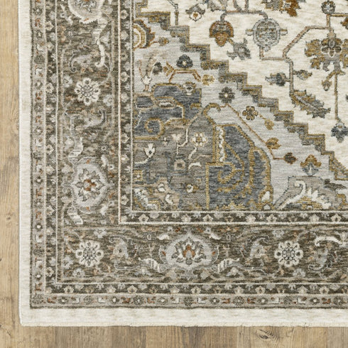 8' X 11' Ivory And Gold Medallion Distressed Area Rug With Fringe