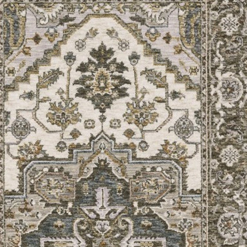 8' X 11' Ivory And Gold Medallion Distressed Area Rug With Fringe
