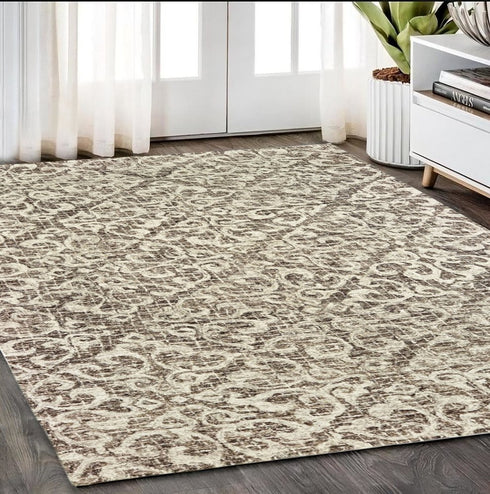 8' X 10' Brown And Ivory Wool Floral Hand Tufted Area Rug