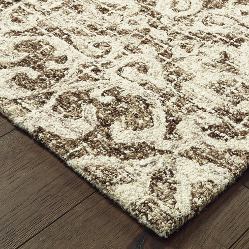 8' X 10' Brown And Ivory Wool Floral Hand Tufted Area Rug