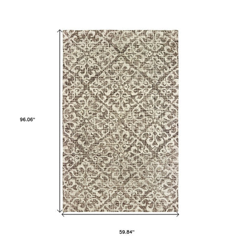 8' X 10' Brown And Ivory Wool Floral Hand Tufted Area Rug