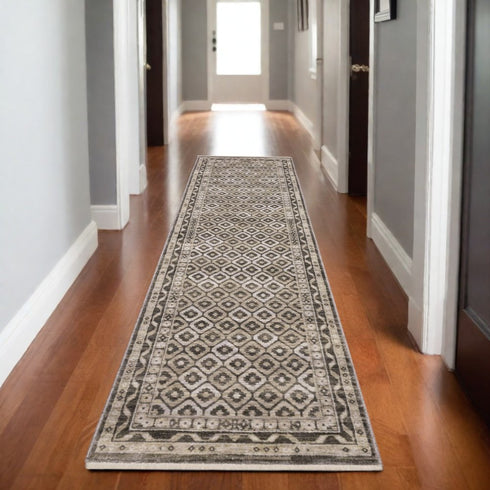 8' X 11' Gray And Beige Diamond Area Rug With Fringe