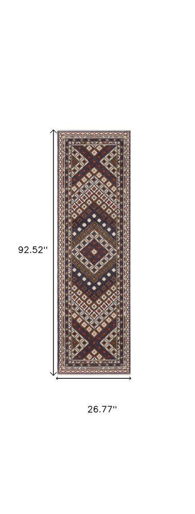 8' X 11' Ivory Red And Tan Diamond Area Rug With Fringe
