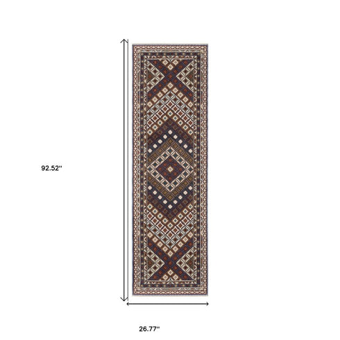 8' X 11' Ivory Red And Tan Diamond Area Rug With Fringe