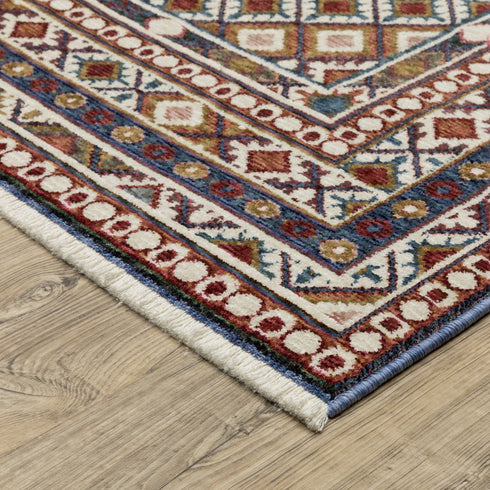 8' X 11' Ivory Red And Tan Diamond Area Rug With Fringe