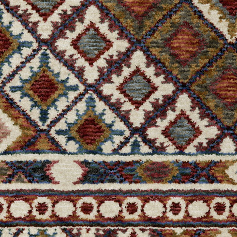 8' X 11' Ivory Red And Tan Diamond Area Rug With Fringe