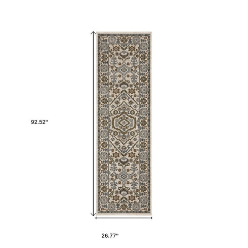 8' Ivory And Rust Floral Runner Rug With Fringe