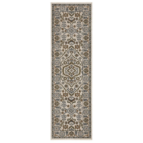 8' Ivory And Rust Floral Runner Rug With Fringe