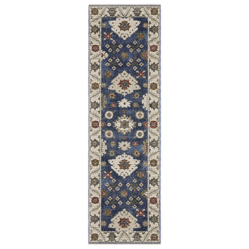 8' X 11' Blue And Ivory Floral Area Rug With Fringe