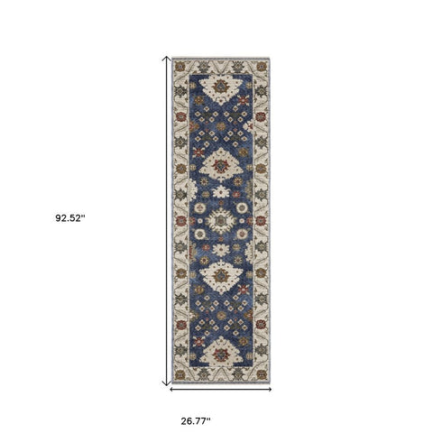 8' X 11' Blue And Ivory Floral Area Rug With Fringe