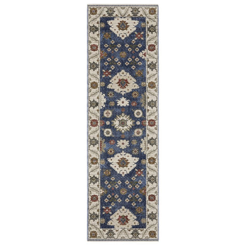 8' X 11' Blue And Ivory Floral Area Rug With Fringe