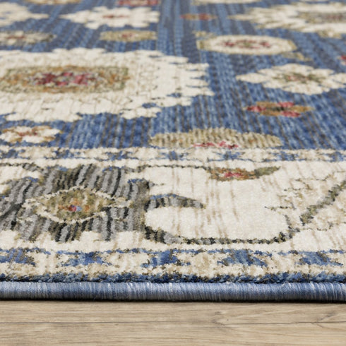 8' X 11' Blue And Ivory Floral Area Rug With Fringe