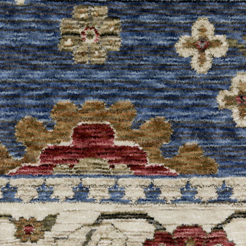 8' X 11' Blue And Ivory Floral Area Rug With Fringe