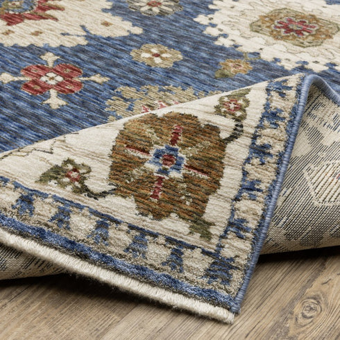 8' X 11' Blue And Ivory Floral Area Rug With Fringe