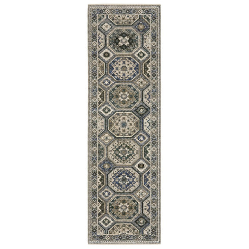 8' X 11' Ivory And Blue Medallion Area Rug With Fringe