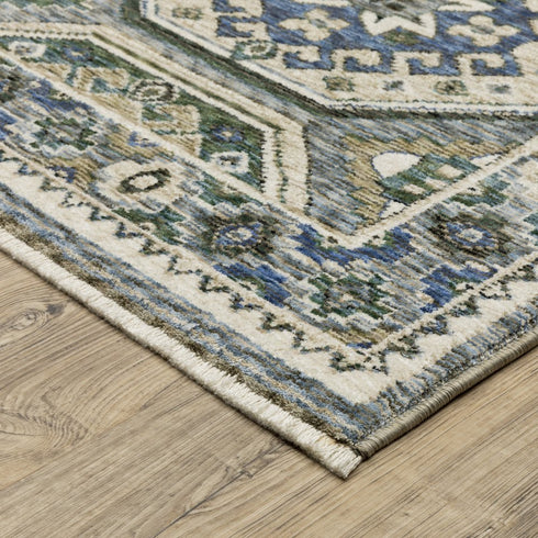 8' X 11' Ivory And Blue Medallion Area Rug With Fringe
