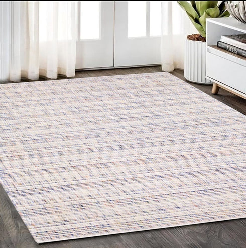 8' X 10' Ivory Blue And Yellow Striped Hand Tufted Area Rug