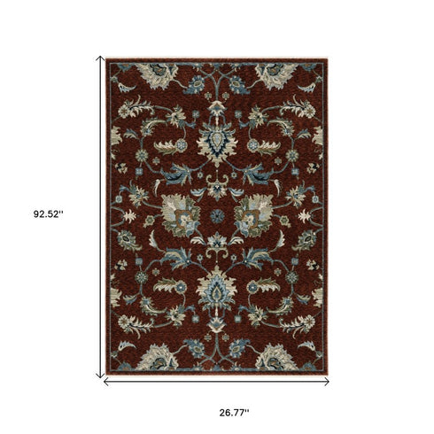 8' Red Teal And Green Oriental Runner Rug With Fringe