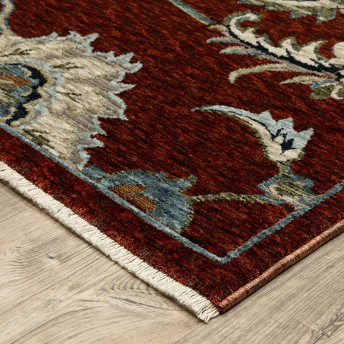 8' Red Teal And Green Oriental Runner Rug With Fringe