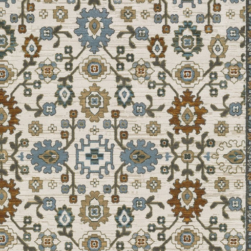 8' X 11' Ivory Blue And Brown Floral Area Rug With Fringe