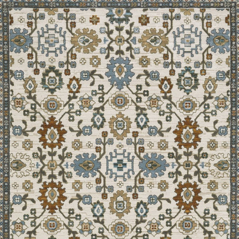 8' X 11' Ivory Blue And Brown Floral Area Rug With Fringe