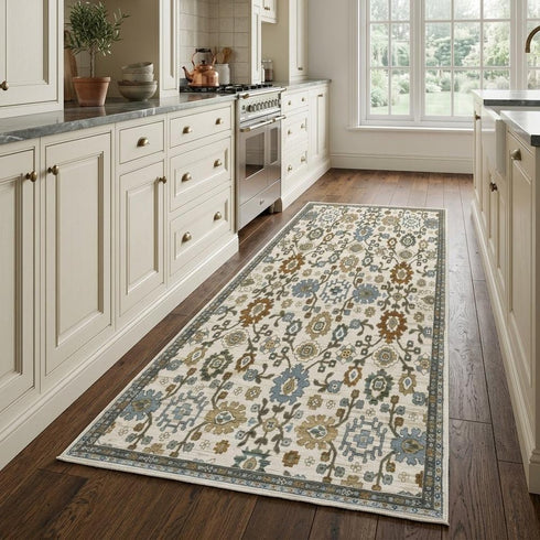 8' X 11' Ivory Blue And Brown Floral Area Rug With Fringe