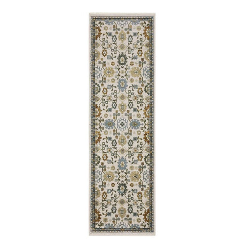 8' X 11' Ivory Blue And Brown Floral Area Rug With Fringe