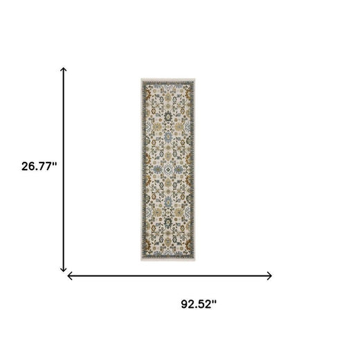 8' X 11' Ivory Blue And Brown Floral Area Rug With Fringe