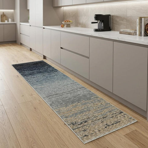 8' X 11' Blue And Beige Ombre Area Rug With Fringe
