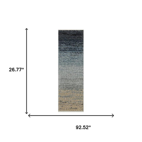 8' X 11' Blue And Beige Ombre Area Rug With Fringe