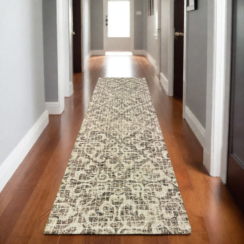8' X 10' Brown And Ivory Wool Floral Hand Tufted Area Rug