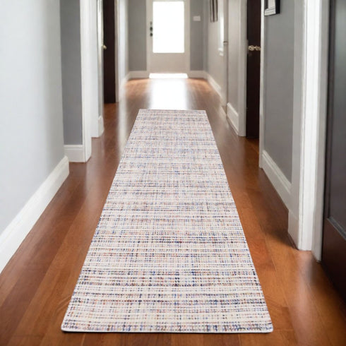 8' X 10' Ivory Blue And Yellow Striped Hand Tufted Area Rug